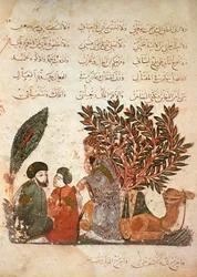 The Caravan Stopping: Al-Harith Listening to a Conversation Between a Man and His Son, from Al Maqamat by Al Hariri, c.1240